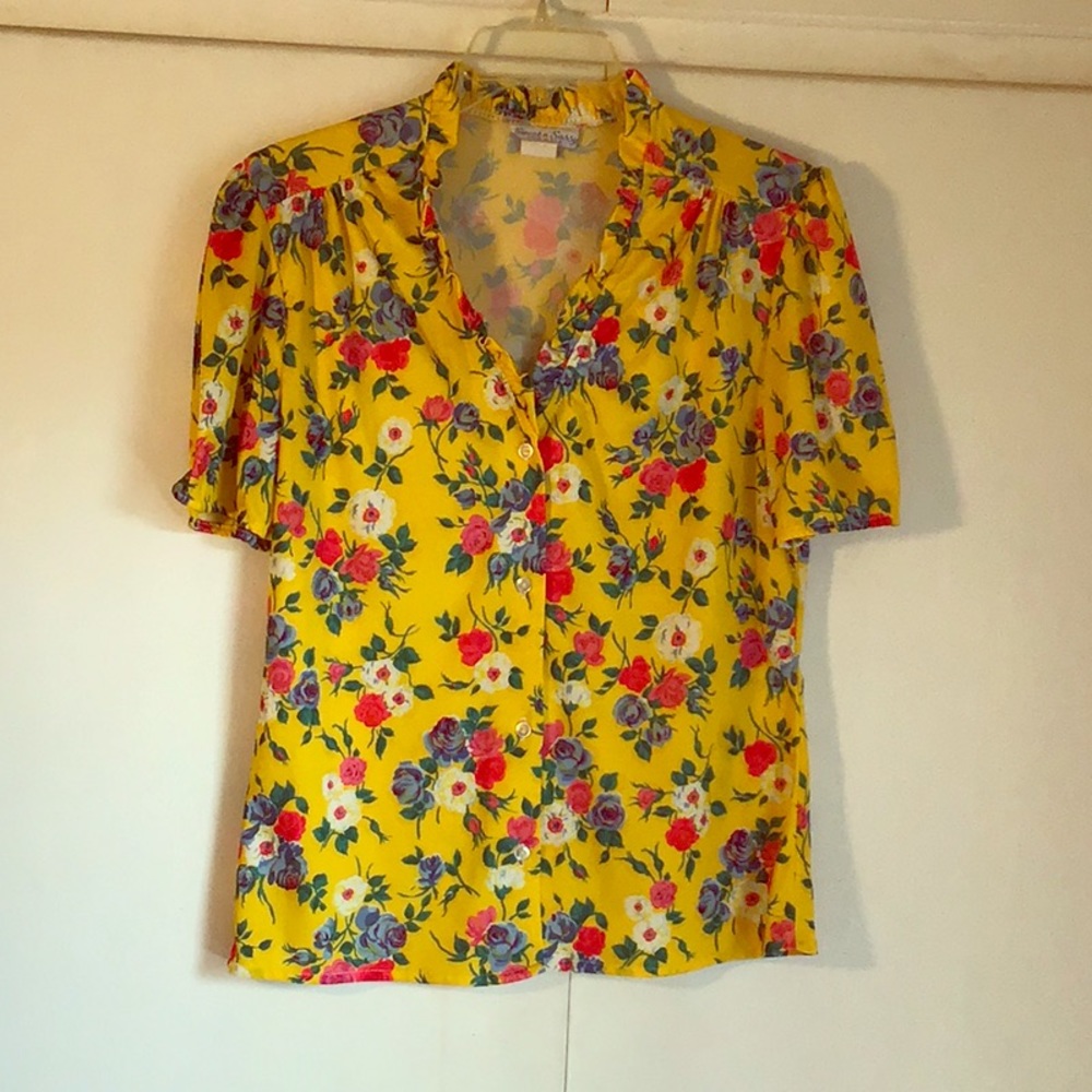 Vintage Yellow Flower Print Blouse